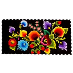 Die cut with scalloped edging and plasticized on top this gorgeous cloth table-runner features a beautiful example of a Polish paper cut (wycinanka). Black background.