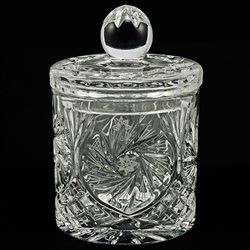 Lovely covered canister style jar. This is genuine Polish lead crystal hand cut with a star burst design.