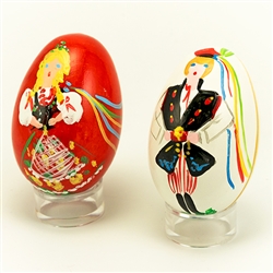 Deluxe wooden Easter eggs from Poland.  Hand painted set featuring Krakow boy and girl in their colorful traditional costumes.