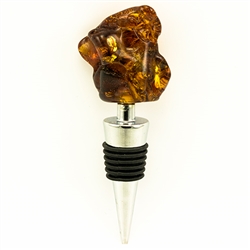 Modern design chrome-plated wine stopper with a large chunk of highly-polished honey amber at the top.  Soft-rubber segmented gasket ensures a tight seal in the neck of the bottle.