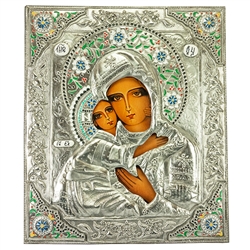 Made in Poland this icon is hand painted and covered with a beautiful cover of zinc plated c opper featuring fine bas-relief.