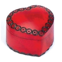This vibrant heart shaped box has a carved border design and a lid that swivels open to access the box compartment.