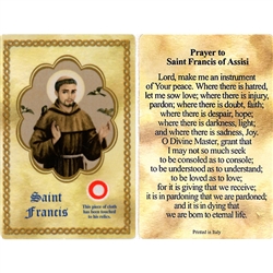 St Francis Holy Card This unique prayer card contains a third class relics on the front with the prayer on the back. Please note that these are third class relics and are not first or second class with a piece of cloth touched to the relics.