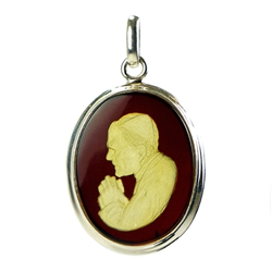 Hand carved cameo of St. John Paul II set in a open back sterling silver frame.