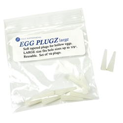Hollow Egg Plugs Large includes a set of 10 soft egg plugs ideal for use with blown out eggs. Made of a soft and pliable material. Reusable.