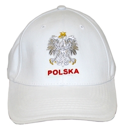Stylish baseball cap displaying the Polish colors of red and white with detailed embroidery work. The front of the cap has an embroidered Polska under the Polish Eagle.. Adjustable Velcro tab. Designed to fit most people.