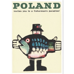 Very clever Polish poster originally designed in 1967 by artist Wiktor Gorka to promote tourism to Poland. It has now been turned into a post card size 4.75" x 6.75" - 12cm x 17cm.