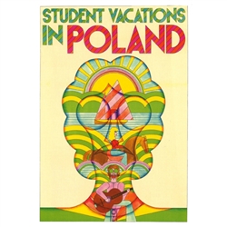 Student Vacations in Poland Poster  designed by artist Andrzej Krajewski.  It has now been turned into a post card size 4.75" x 6.75" - 12cm x 17cm.
