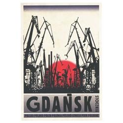 Post Card: Gdansk - Shipyard, Polish Promotion Poster designed by artist Ryszard Kaja. It has now been turned into a post card size 4.75" x 6.75" - 12cm x 17cm.