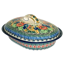 Polish Pottery 10" Covered Oval Baker. Hand made in Poland. Pattern U3848 designed by Teresa Liana.