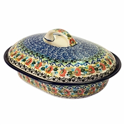 Polish Pottery 10" Covered Oval Baker. Hand made in Poland. Pattern U4122 designed by Teresa Liana.