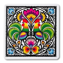 Colorful Wycinanki rooster motif on a mouse pad. This is a flexible, soft, rubber composite mouse pad with a non skid back.