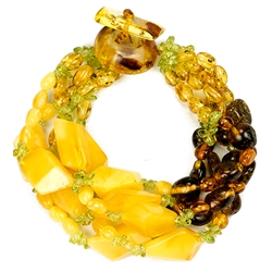 Bozena Przytocka is a designer of artistic amber jewelry based in Gdansk, Poland. Here is a beautiful example of her ability to blend a variety of amber shapes and peridot create a stunning 5 strand bracelet.