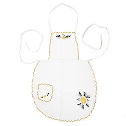 Women's Kashubian Floral Apron, in white cotton with hand embroidery. Front panel has a 4" x 5" (10cm x 13cm) pocket.