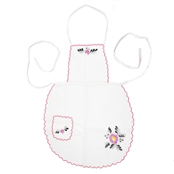 Women's Kashubian Floral Apron, in white cotton with hand embroidery. Front panel has a 4" x 5" (10cm x 13cm) pocket.