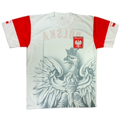 Display your Polish heritage with this very stylish Polish Eagle t-shirt.  Features the Polish flag on each sleeve and the word
Polska on the back.  100% polyester.  Made In Poland