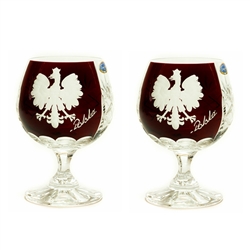 Crystal brandy/cognac glasses decorated on the front side with an engaved Polish Eagle and the word Polska on a ruby red background. Reverse side features a criss-cross cut. Boxed set of 2.