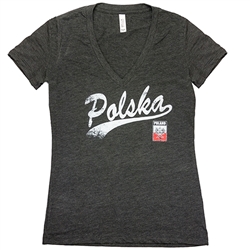 Classy looking charcoal Polish T-shirt with a Polska Tailswoop design. Polish Eagle Emblem below Poland on the left side too. This shirt is designed to look "distressed". For those of you over 50 that means that it was designed to look used.