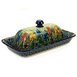Polish Pottery 9" Butter Dish. Hand made in Poland. Pattern U4157 designed by Lucyna Lenkiewicz.