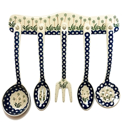 Collectors of Polish stoneware from Poland's premier company, Ceramika Artystyczna, will enjoy this unique set. Includes wall mounted rack (2 holes for mounting) and utensils as pictured. Note one spoon is slotted and one ladle strainer (with holes)