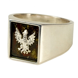 Elegant men's signet Men's ring with the Polish Eagle made of highly polished 925 Sterling Silver and cognac colored natural Baltic amber.