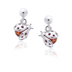 Ladybug Honey Amber Dangle Stud Earrings
