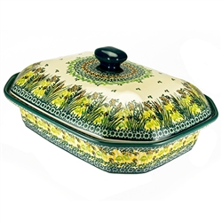 Polish Pottery 12" Covered Baker. Hand made in Poland. Pattern U4329 designed by Krystyna Dacyszyn.