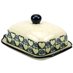 Polish Pottery 7" Butter Dish. Hand made in Poland and artist initialed.