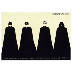 Polish poster designed by artist Ryszard Kaja for a film night with American superheros; Batman, Zorro, Neo, Darth Vader . It has now been turned into a post card size 4.75" x 6.75" - 12cm x 17cm.
