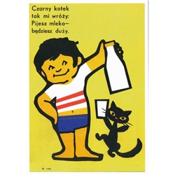 Post Card: Czarny Kotek - Black Cat Polish Poster designed by Jakub Erol in 1972. It has now been turned into a post card size 4.75" x 6.75" - 12cm x 17cm.