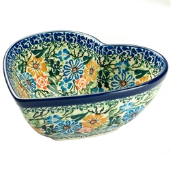 Polish Pottery 7" Heart Shaped Bowl. Hand made in Poland. Pattern U2129 designed by Barbara Makiela.