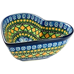 Polish Pottery 7" Heart Shaped Bowl. Hand made in Poland. Pattern U323 designed by Maria Starzyk.