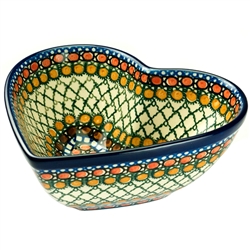 Polish Pottery 7" Heart Shaped Bowl. Hand made in Poland. Pattern U81 designed by Teresa Liana.