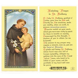 St. Anthony - Unfailing Prayer - Holy Card.  Plastic Coated. Picture is on the front, text is on the back of the card.