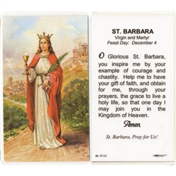 St. Barbara - Holy Card.  Plastic Coated. Picture is on the front, text is on the back of the card.