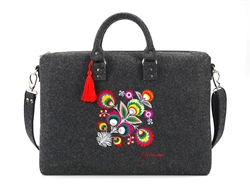Large handbag made of stiff dark grey felt, which is characterized by high durability. The main decoration is a colorful embroidered Lowicz flower - an original design by Farbotka, inspired by Polish folk culture. Includes an adjustable, detachable strap
