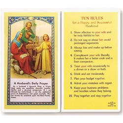 Rules for a Happy and Successful Husband - Holy Card.  Plastic Coated. Picture and prayer is on the front, text is on the back of the card.