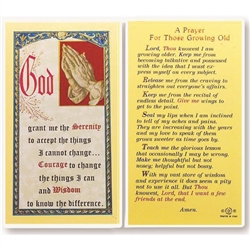 Prayer for Growing Old - Holy Card.  Holy Card Plastic Coated. Picture is on the front with the Serenity Prayer, text is on the back of the card.