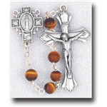 Polish Art Center - 20" 6mm Genuine Gem Stone Tiger Eye Beads with Deluxe Silver Oxidized Crucifix and Center. It comes with a Deluxe Velvet Box