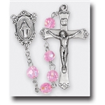 Polish Art Center - 20.5"  7mm Rose Tin Cut, Multi Faceted Crystal Round Beads with Aurora Borealis and Deluxe Silver Oxidized Crucifix and Center.  It comes with a Deluxe Velvet Box