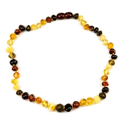Lovely necklace composed of a variety of amber colors. Gold colored cord w/ knot between each bead. Perfect size for children over three. Definitely not intended for children 3 or younger due to the small parts and choking hazard.