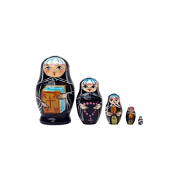 This miniature set of five nesting Russian Orthodox Nuns will elevate your mood.  They come equipped to get you closer to God:  the first carries the Bible, the second a rosary, the next two hold glowing candles, and wee little nun bears a cross.