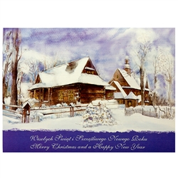 A beautiful glossy Christmas card featuring a Mountain House and Church Cover greeting in Polish and English. Inside greeting in Polish and English