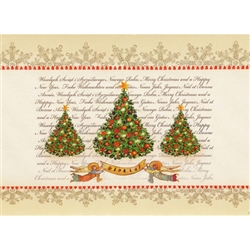 A beautiful glossy Christmas card featuring a classic Christmas tree design with a Gloria! banner. Cover greeting in Polish and English. Inside greeting in Polish and English