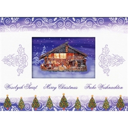 A beautiful glossy Christmas card featuring a Nativity with Tree detail. Cover greeting in Polish and English. Inside greeting in Polish and English