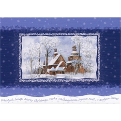 A beautiful glossy Christmas card featuring Goral Mountain Church under a Blanket of Snow. Cover greeting in Polish and English. Inside greeting in Polish and English