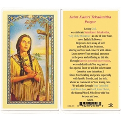 St. Kateri Tekakwitha - Holy Card.  Plastic Coated. Picture is on the front, text is on the back of the card.