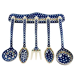 Collectors of Polish stoneware from Poland's premier company, Ceramika Artystyczna, will enjoy this unique set. Includes wall mounted rack (2 holes for mounting) and utensils as pictured. Note one spoon is slotted and one ladle strainer (with holes)