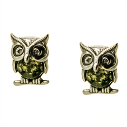 Charming sterling silver owl earrings with green amber tummy.