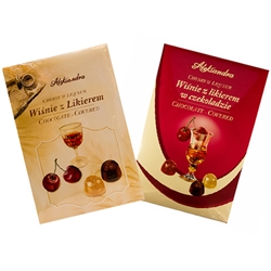 Cherries with liqueur in dark chocolate in a presentation box. Contains alcohol so these are not for children.